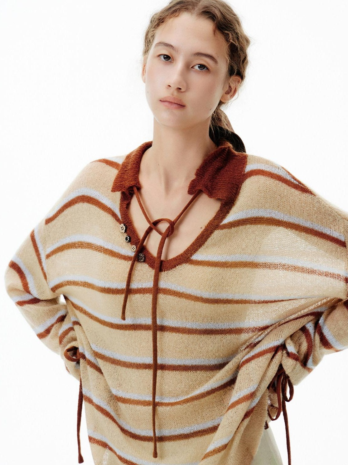 Outthe Blue Thermal V-neck Striped Pullover Office Long Sleeve Wool Mohair Knitwear