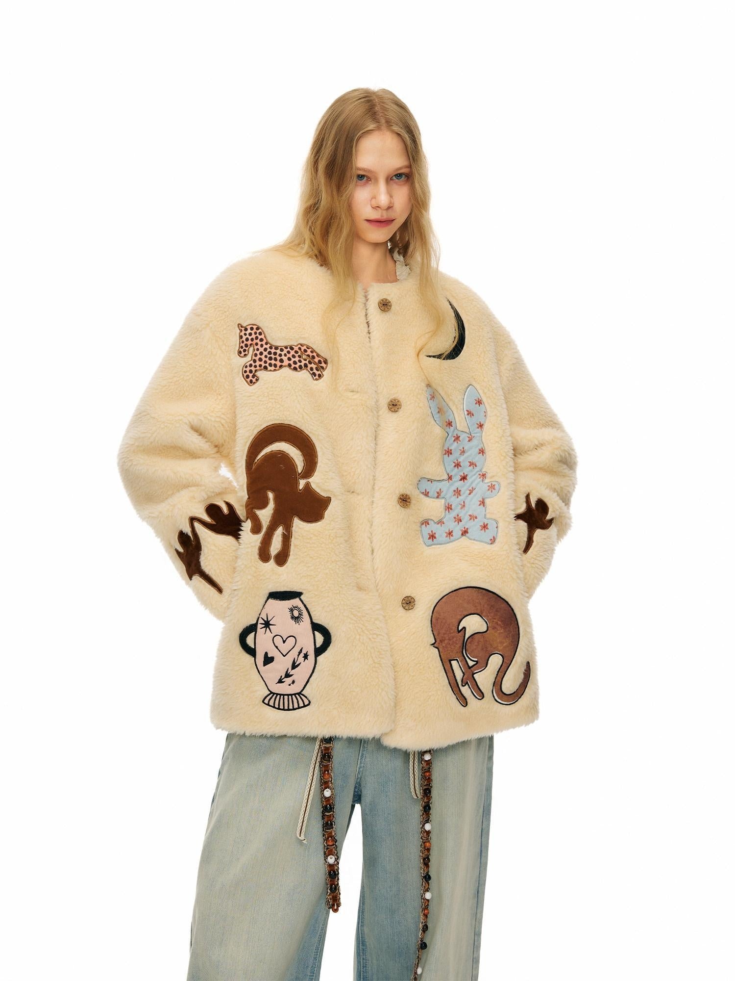 Outthe Blue Thick Animal Print Loose Fit Round Neck Button Women Beige Wool Blend Jackets