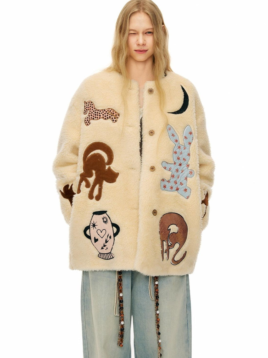 Outthe Blue Thick Animal Print Loose Fit Round Neck Button Women Beige Wool Blend Jackets