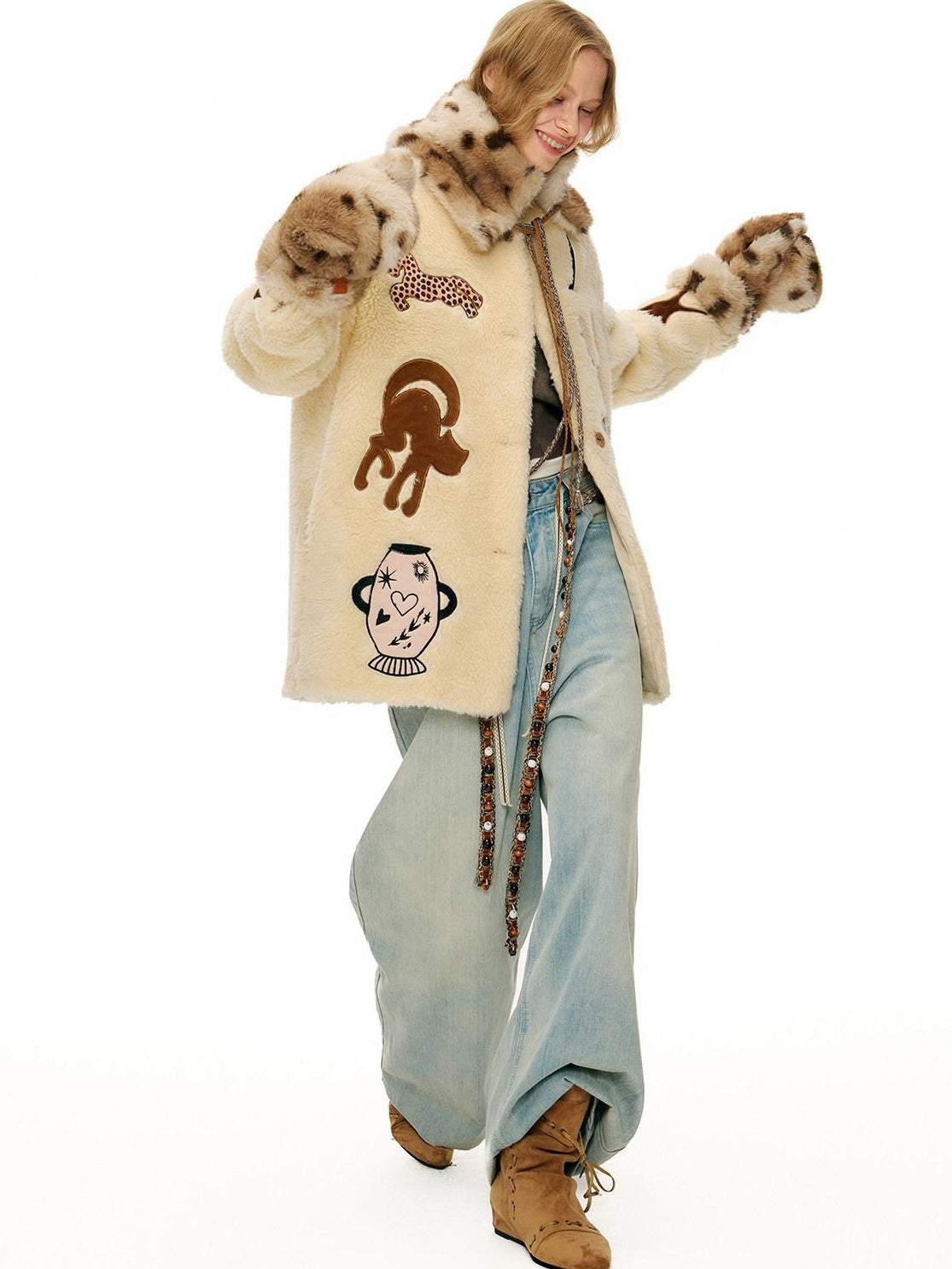Outthe Blue Thick Animal Print Loose Fit Round Neck Button Women Beige Wool Blend Jackets