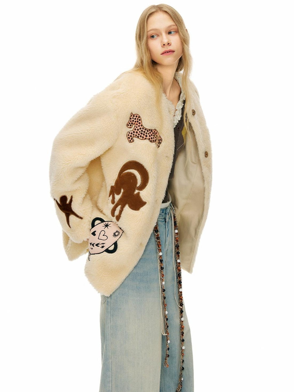 Outthe Blue Thick Animal Print Loose Fit Round Neck Button Women Beige Wool Blend Jackets