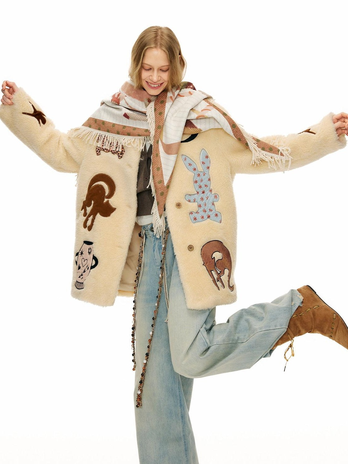 Outthe Blue Thick Animal Print Loose Fit Round Neck Button Women Beige Wool Blend Jackets