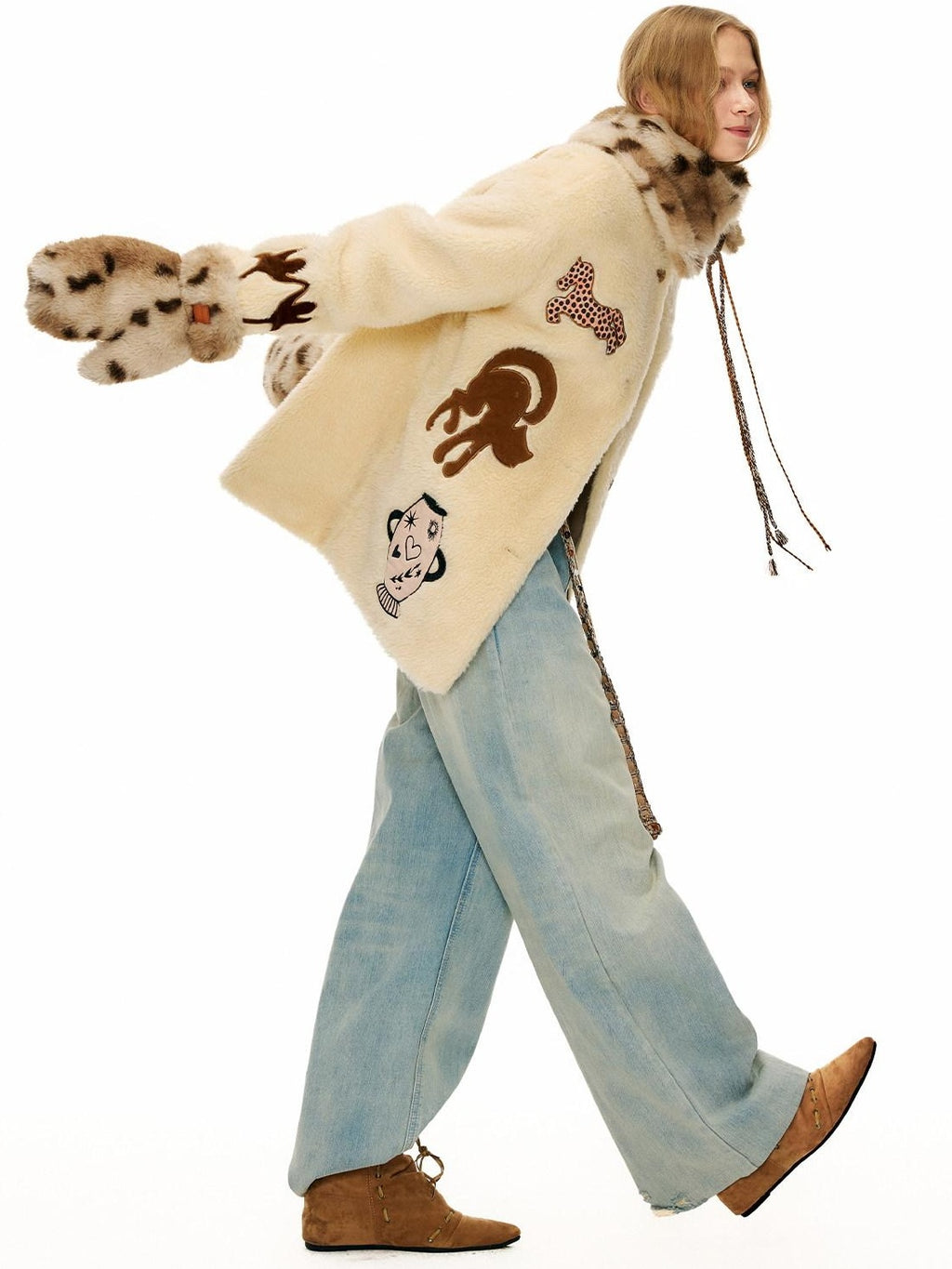 Outthe Blue Thick Animal Print Loose Fit Round Neck Button Women Beige Wool Blend Jackets