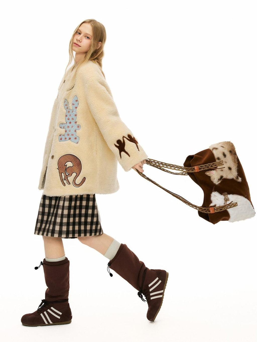 Outthe Blue Thick Animal Print Loose Fit Round Neck Button Women Beige Wool Blend Jackets