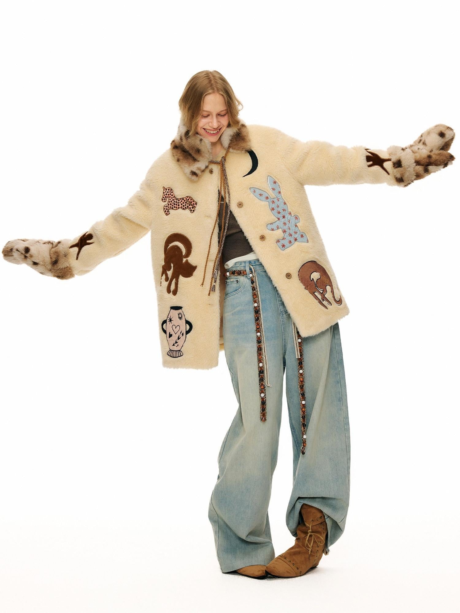 Outthe Blue Thick Animal Print Loose Fit Round Neck Button Women Beige Wool Blend Jackets