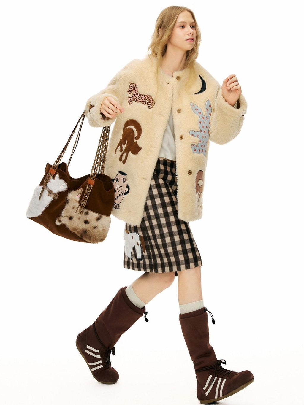 Outthe Blue Thick Animal Print Loose Fit Round Neck Button Women Beige Wool Blend Jackets