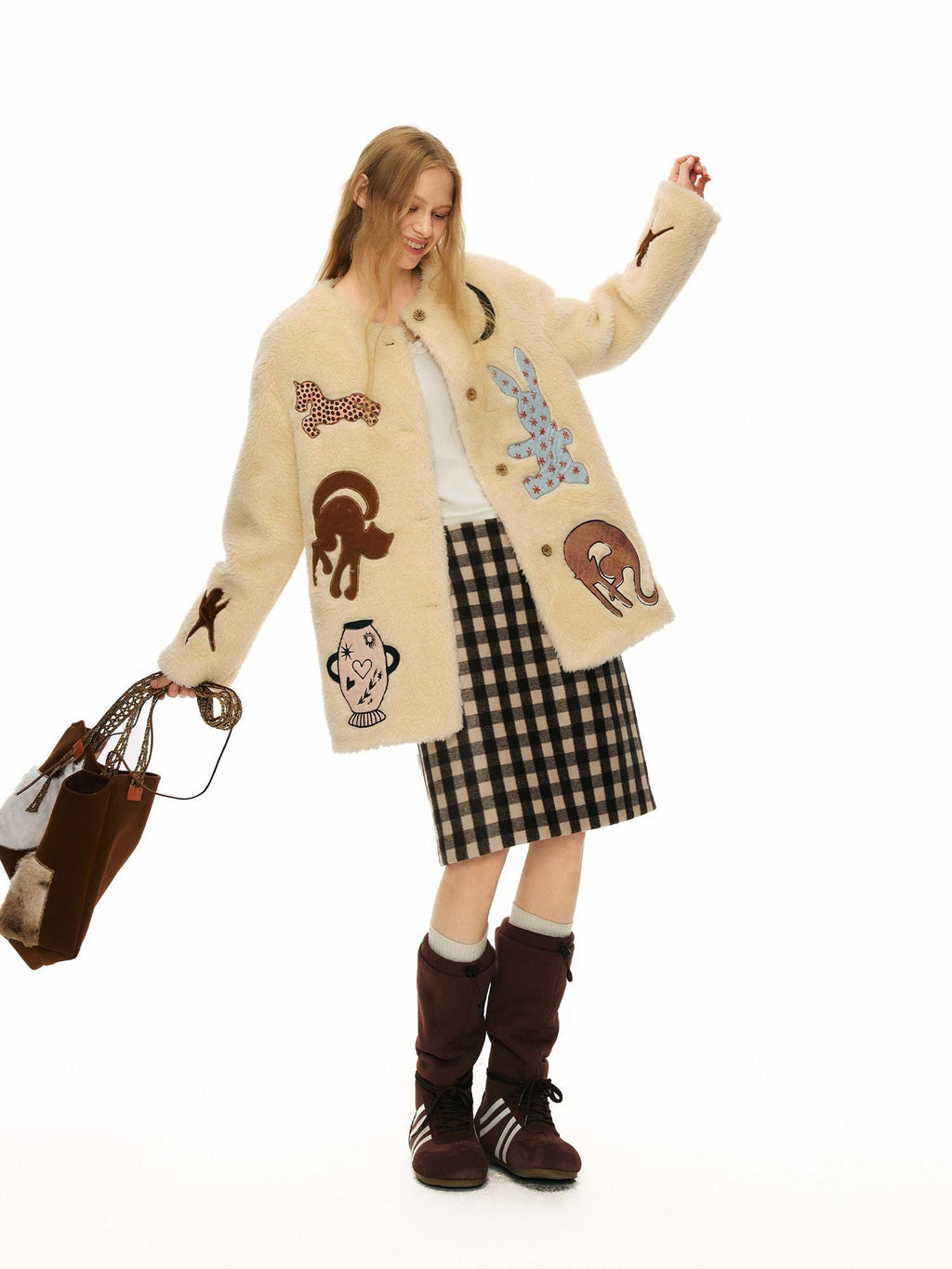 Outthe Blue Thick Animal Print Loose Fit Round Neck Button Women Beige Wool Blend Jackets