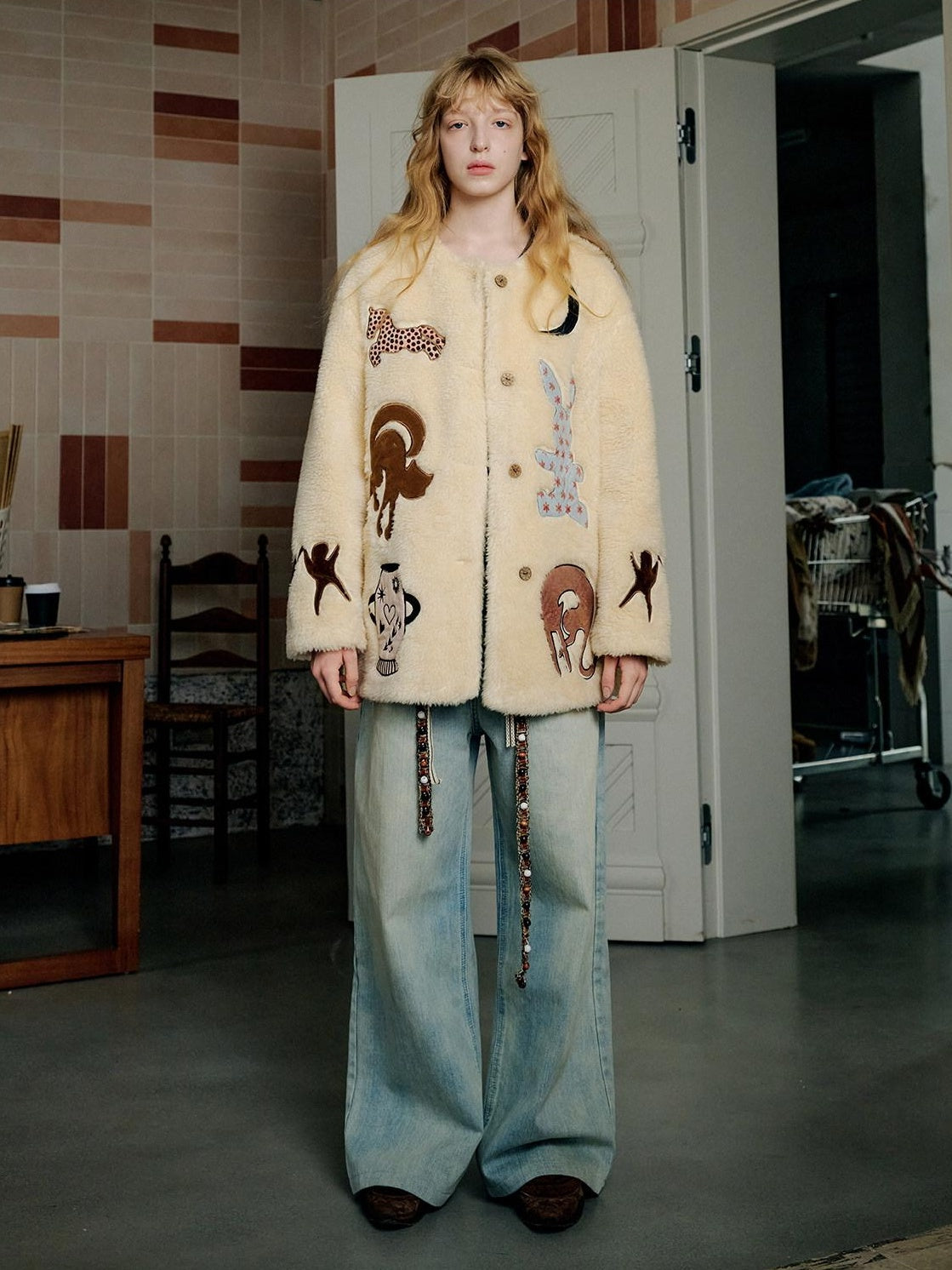 Outthe Blue Thick Animal Print Loose Fit Round Neck Button Women Beige Wool Blend Jackets