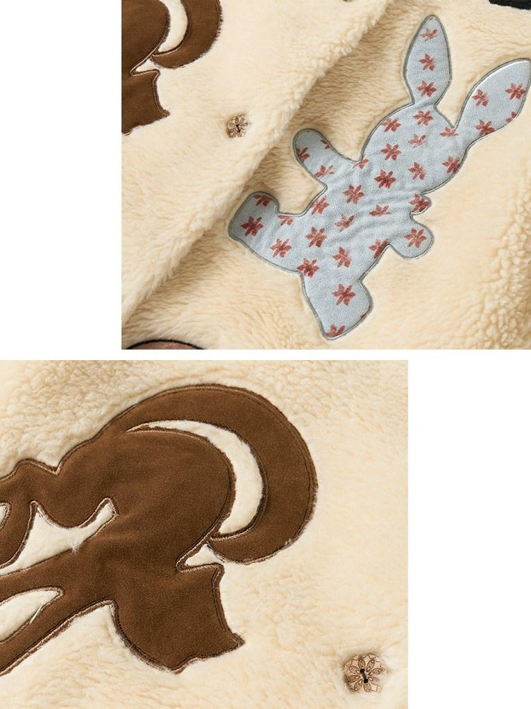 Outthe Blue Thick Animal Print Loose Fit Round Neck Button Women Beige Wool Blend Jackets
