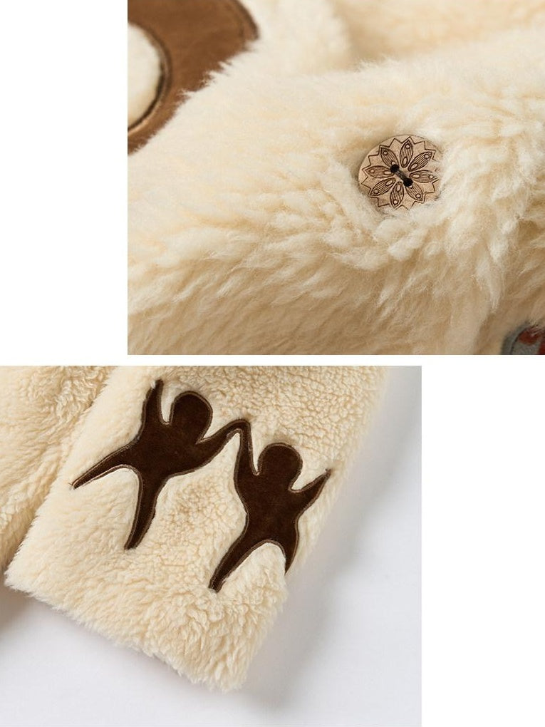 Outthe Blue Thick Animal Print Loose Fit Round Neck Button Women Beige Wool Blend Jackets