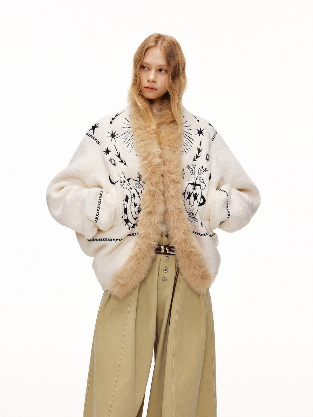 Outthe Blue Thick Wool Blend Embroidered Commuter Loose Fit Women White Puffer Jackets