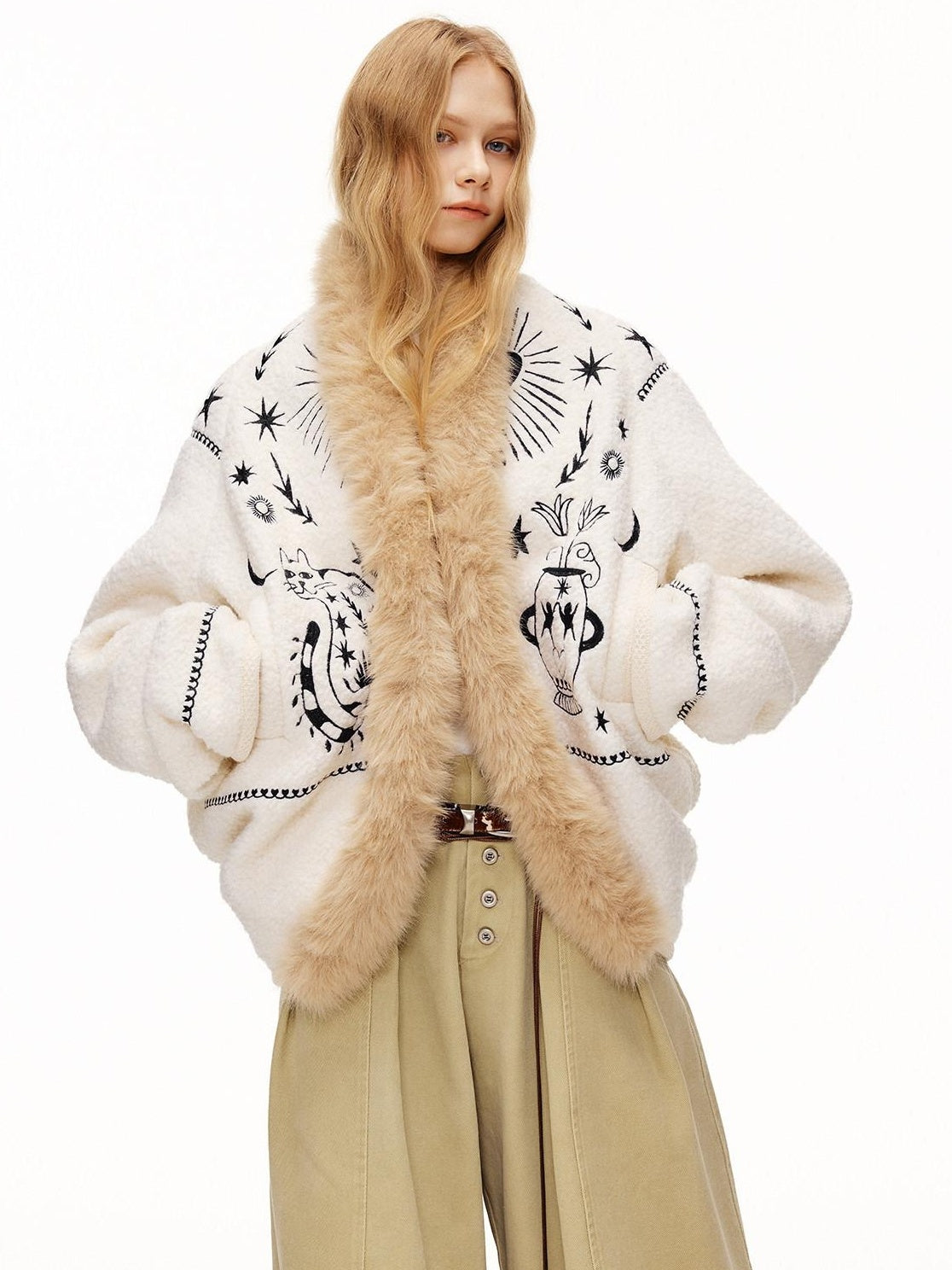 Outthe Blue Thick Wool Blend Embroidered Commuter Loose Fit Women White Puffer Jackets