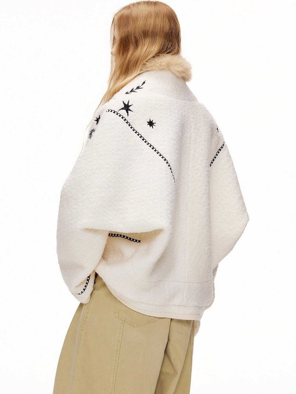 Outthe Blue Thick Wool Blend Embroidered Commuter Loose Fit Women White Puffer Jackets