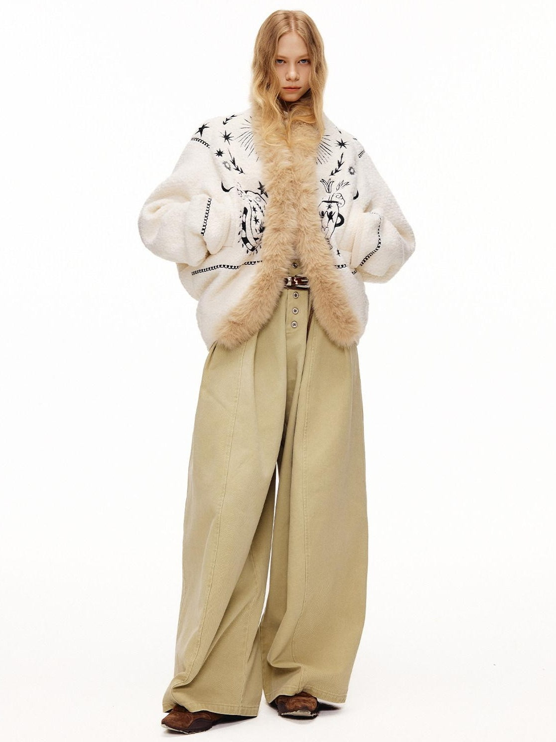 Outthe Blue Thick Wool Blend Embroidered Commuter Loose Fit Women White Puffer Jackets