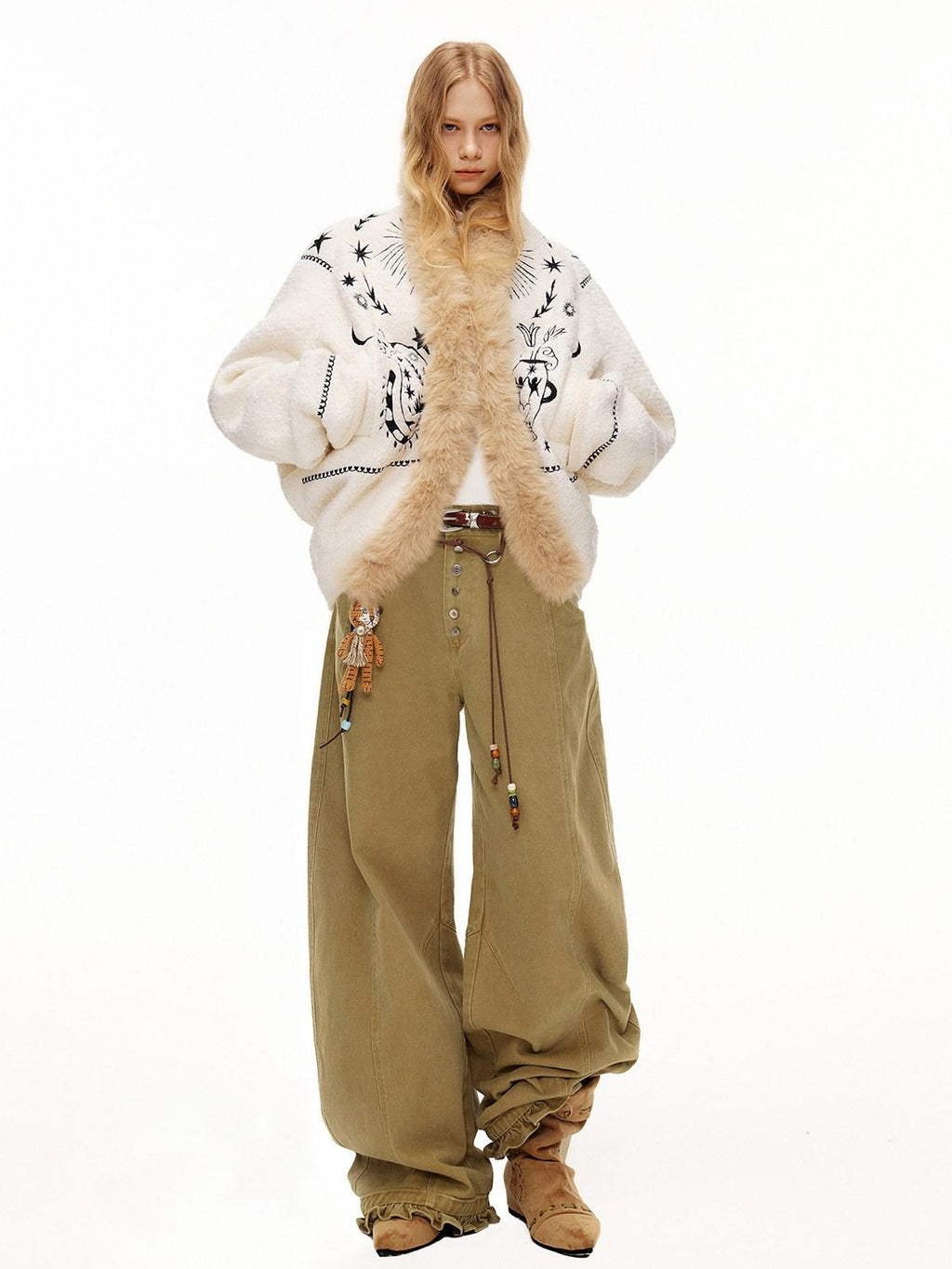 Outthe Blue Thick Wool Blend Embroidered Commuter Loose Fit Women White Puffer Jackets
