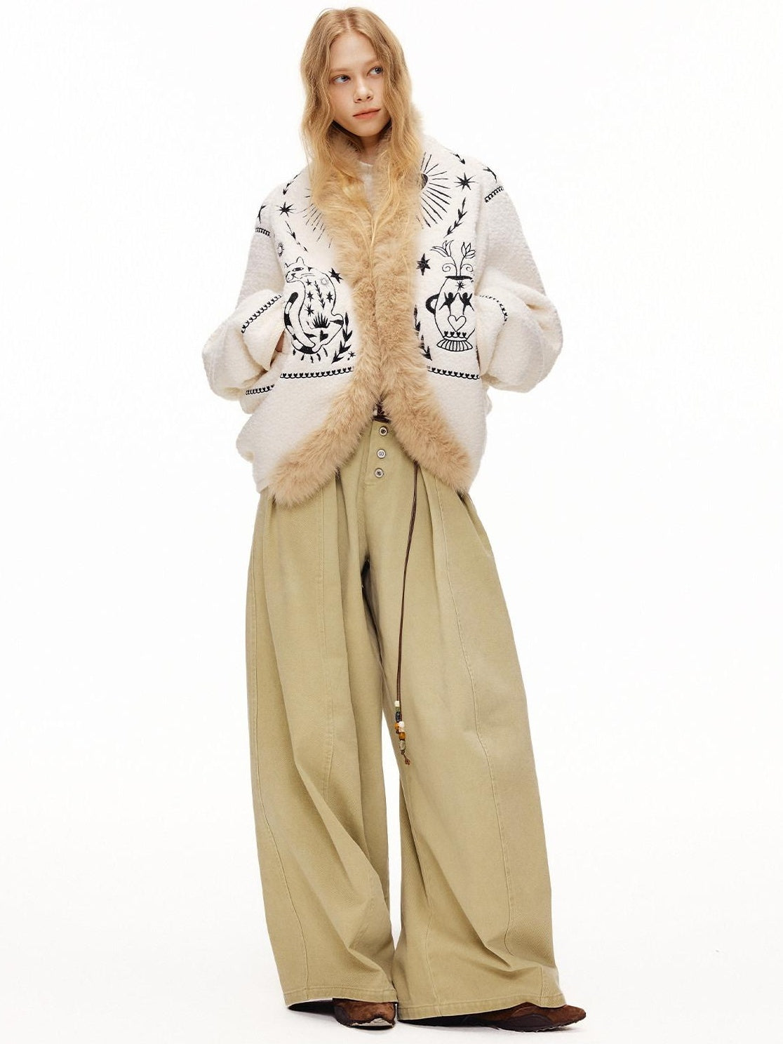 Outthe Blue Thick Wool Blend Embroidered Commuter Loose Fit Women White Puffer Jackets