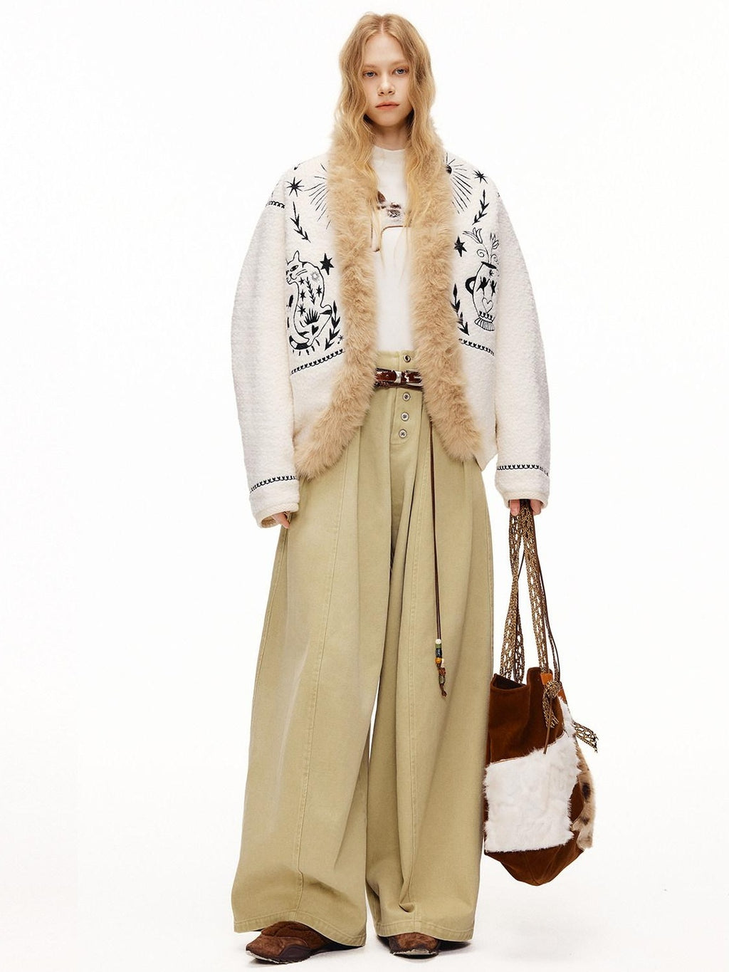 Outthe Blue Thick Wool Blend Embroidered Commuter Loose Fit Women White Puffer Jackets