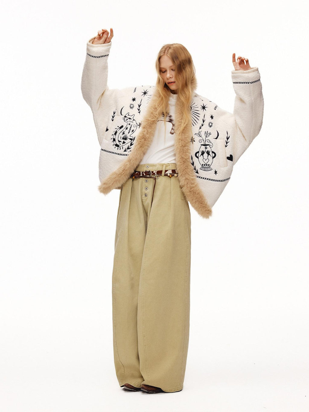 Outthe Blue Thick Wool Blend Embroidered Commuter Loose Fit Women White Puffer Jackets