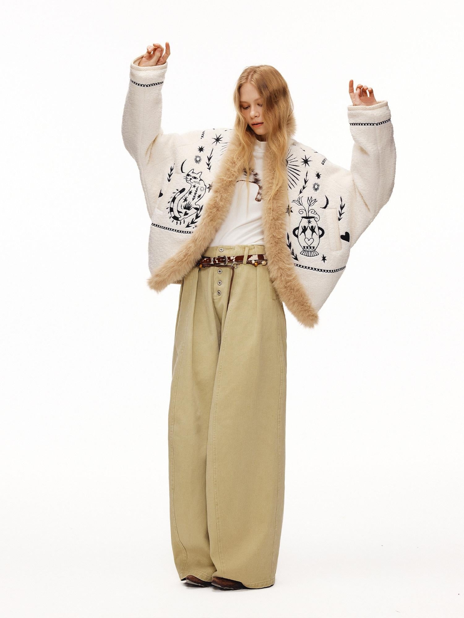 Outthe Blue Thick Wool Blend Embroidered Commuter Loose Fit Women White Puffer Jackets