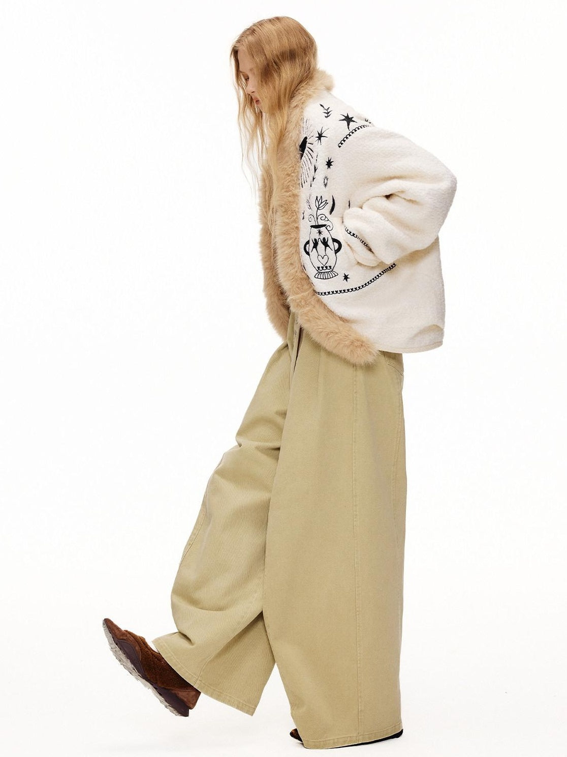 Outthe Blue Thick Wool Blend Embroidered Commuter Loose Fit Women White Puffer Jackets