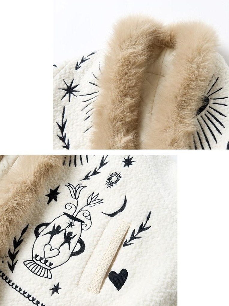 Outthe Blue Thick Wool Blend Embroidered Commuter Loose Fit Women White Puffer Jackets