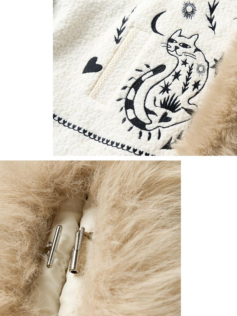 Outthe Blue Thick Wool Blend Embroidered Commuter Loose Fit Women White Puffer Jackets
