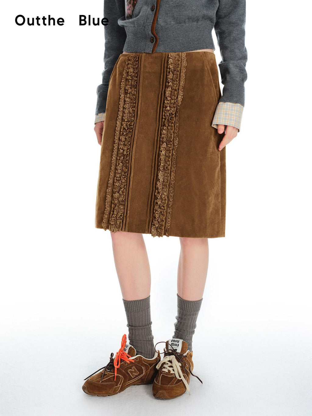 Outthe Blue Vintage Brown Pu Leather Mid Waist Crochet Cutout H Shape Women Midi Skirts