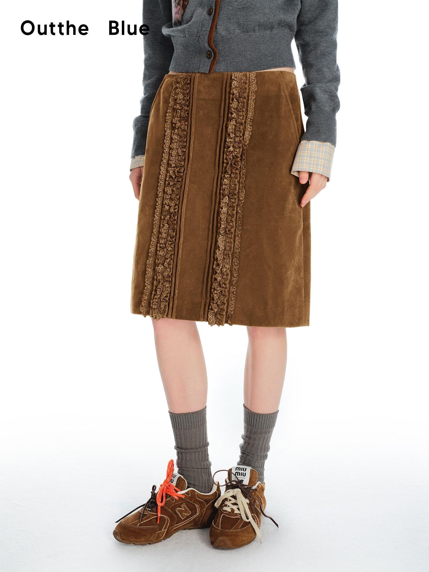 Outthe Blue Vintage Brown Pu Leather Mid Waist Crochet Cutout H Shape Women Midi Skirts