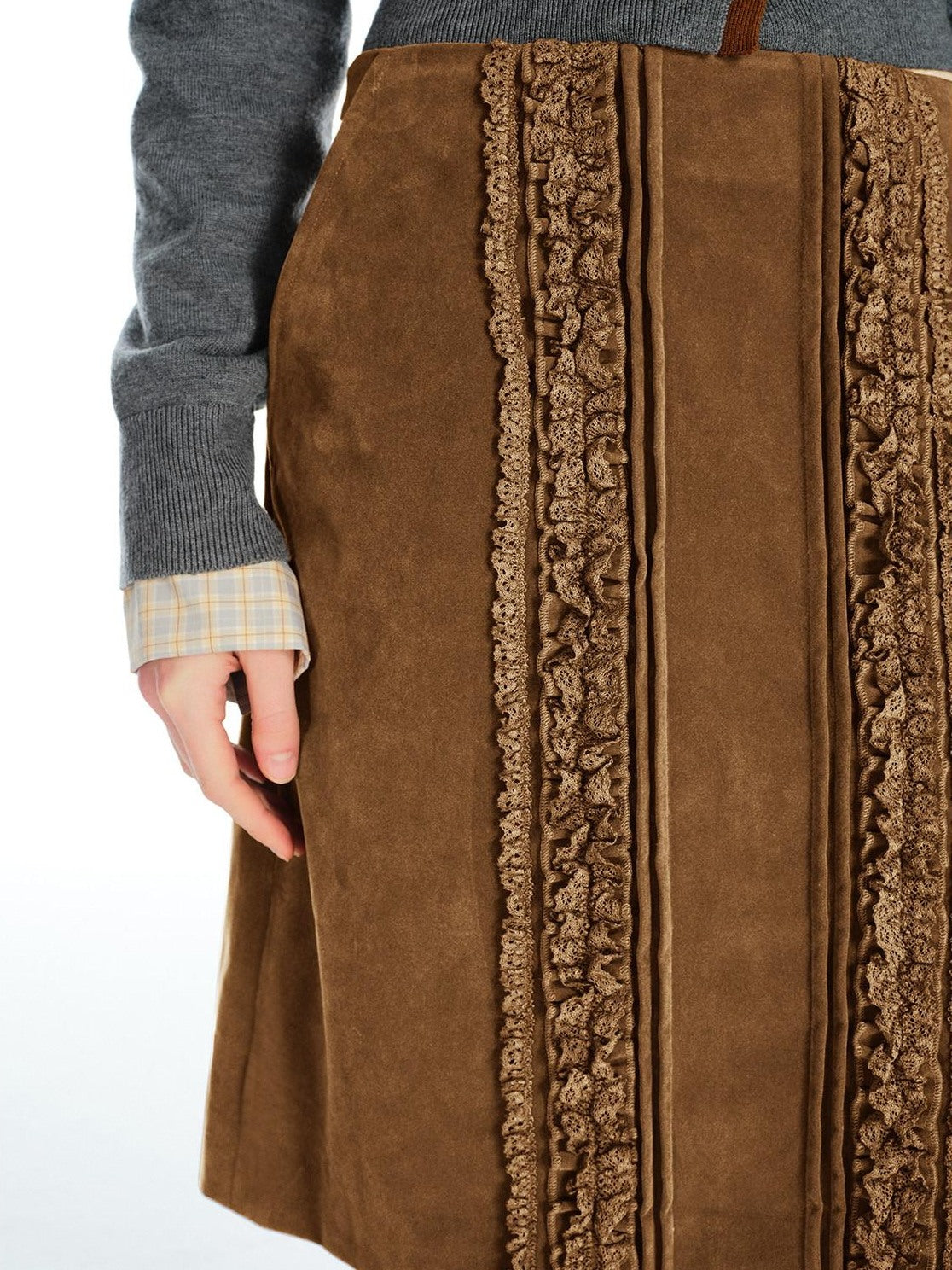 Outthe Blue Vintage Brown Pu Leather Mid Waist Crochet Cutout H Shape Women Midi Skirts
