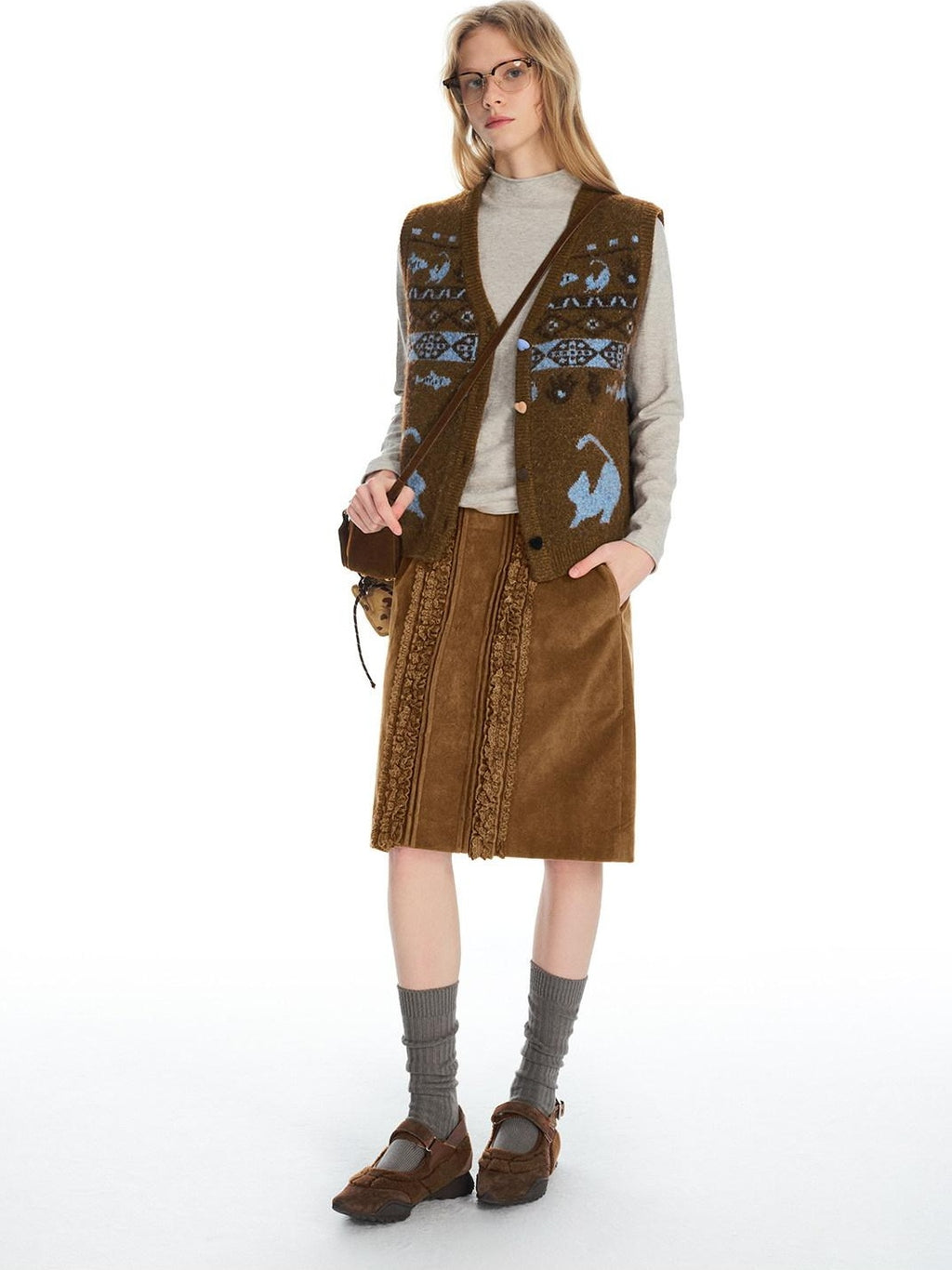 Outthe Blue Vintage Brown Pu Leather Mid Waist Crochet Cutout H Shape Women Midi Skirts