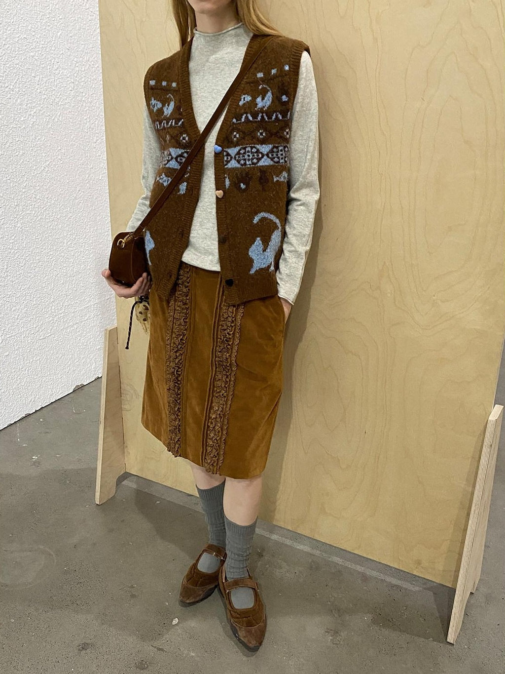 Outthe Blue Vintage Brown Pu Leather Mid Waist Crochet Cutout H Shape Women Midi Skirts