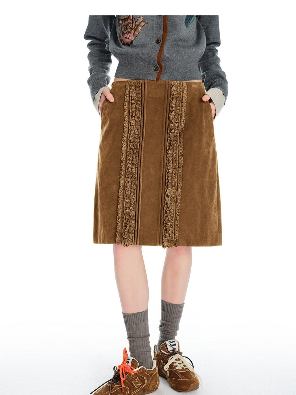 Outthe Blue Vintage Brown Pu Leather Mid Waist Crochet Cutout H Shape Women Midi Skirts