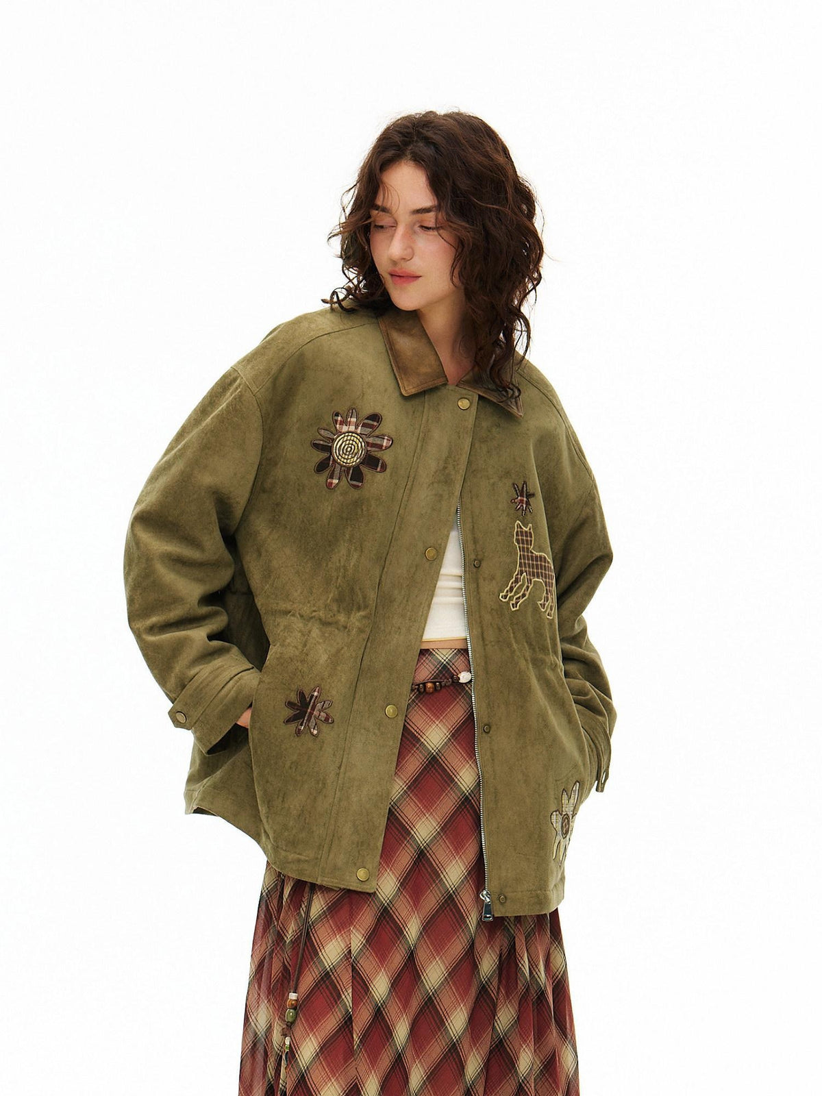 Outthe Blue Vintage Oversized Floral Midlength Lapel Button Multi Pocket Suede Green Jackets