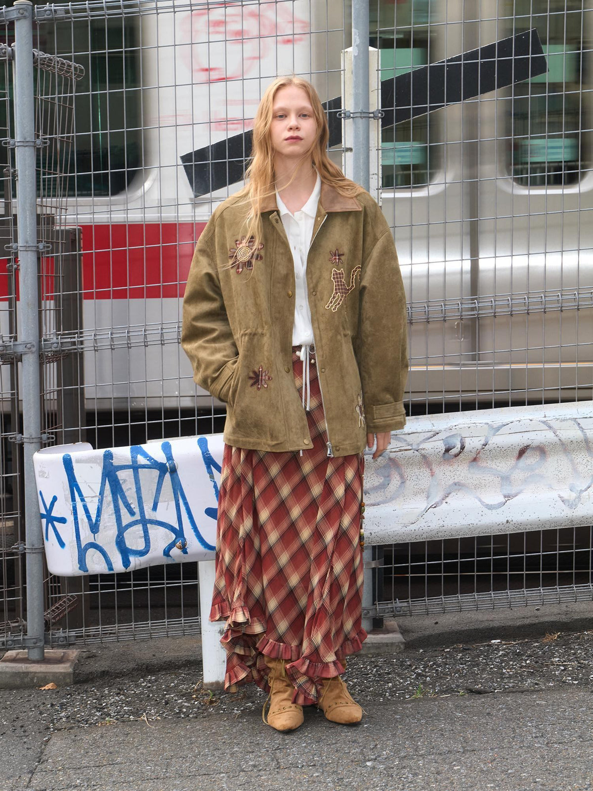 Outthe Blue Vintage Oversized Floral Midlength Lapel Button Multi Pocket Suede Green Jackets
