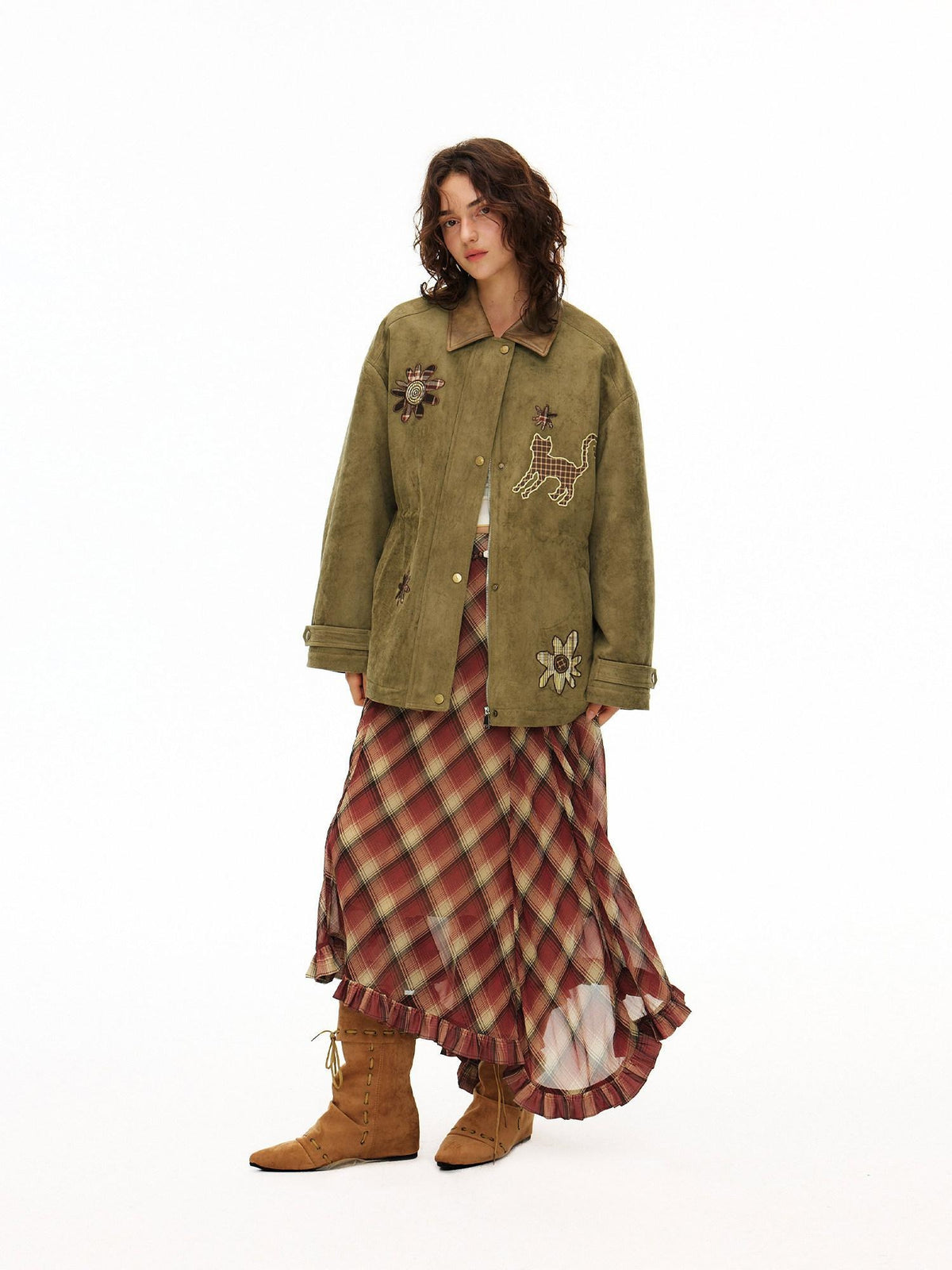 Outthe Blue Vintage Oversized Floral Midlength Lapel Button Multi Pocket Suede Green Jackets