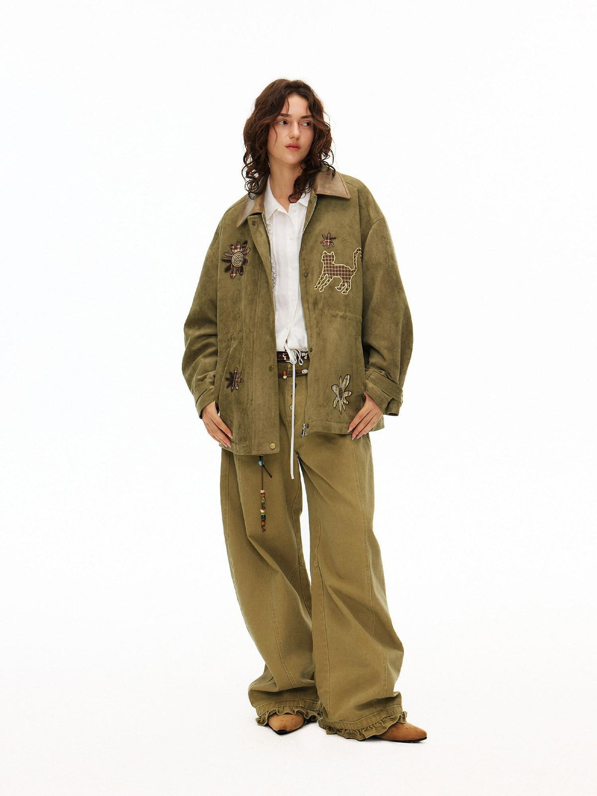 Outthe Blue Vintage Oversized Floral Midlength Lapel Button Multi Pocket Suede Green Jackets