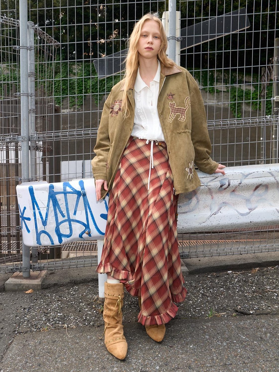 Outthe Blue Vintage Oversized Floral Midlength Lapel Button Multi Pocket Suede Green Jackets