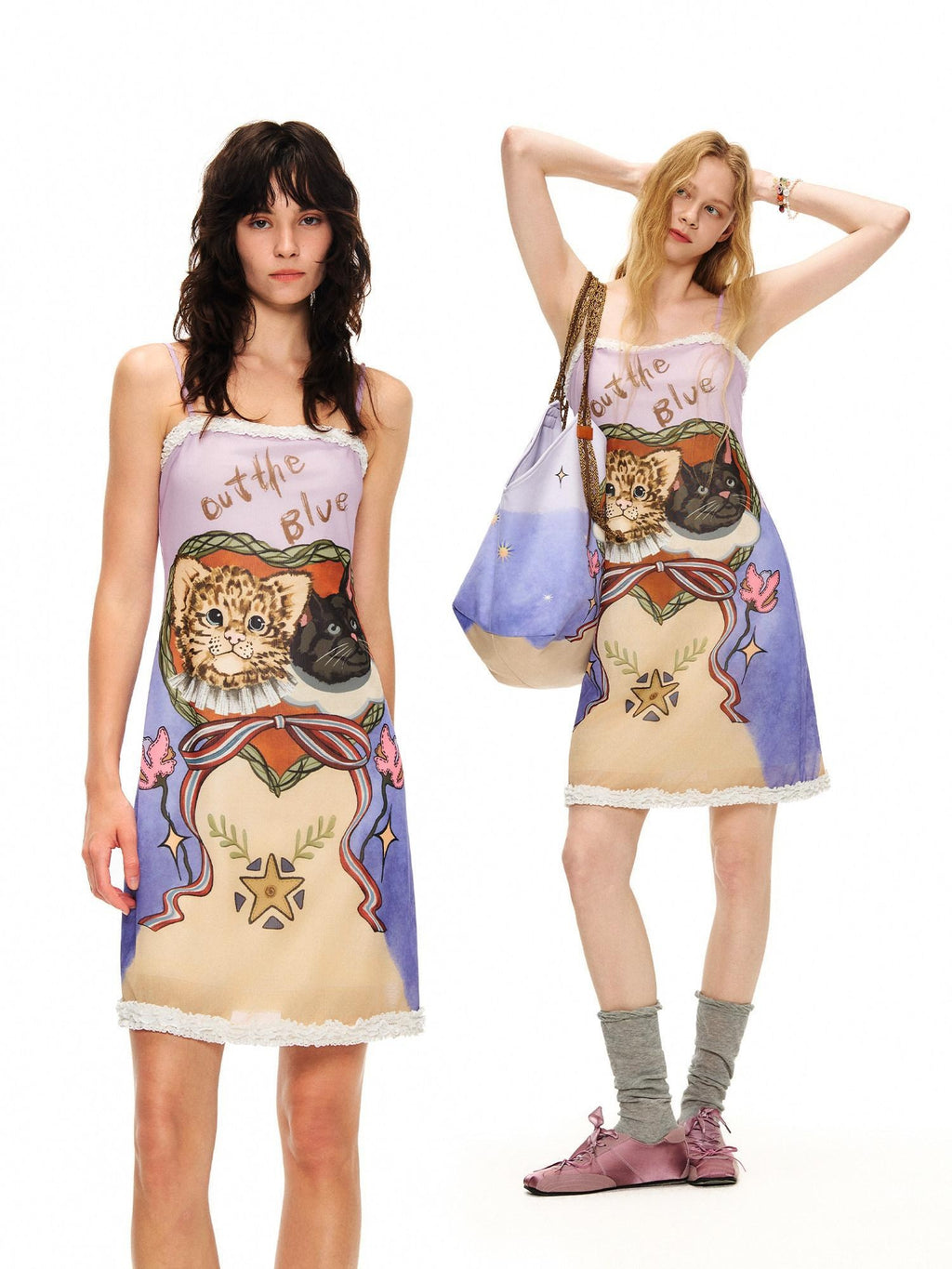 Outthe Blue Vintage Printed Slim Camisole Sleeveless Light Purple Women Midi Dresses