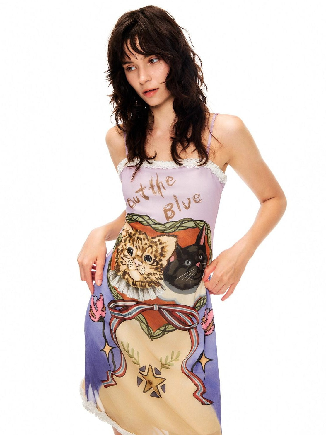 Outthe Blue Vintage Printed Slim Camisole Sleeveless Light Purple Women Midi Dresses