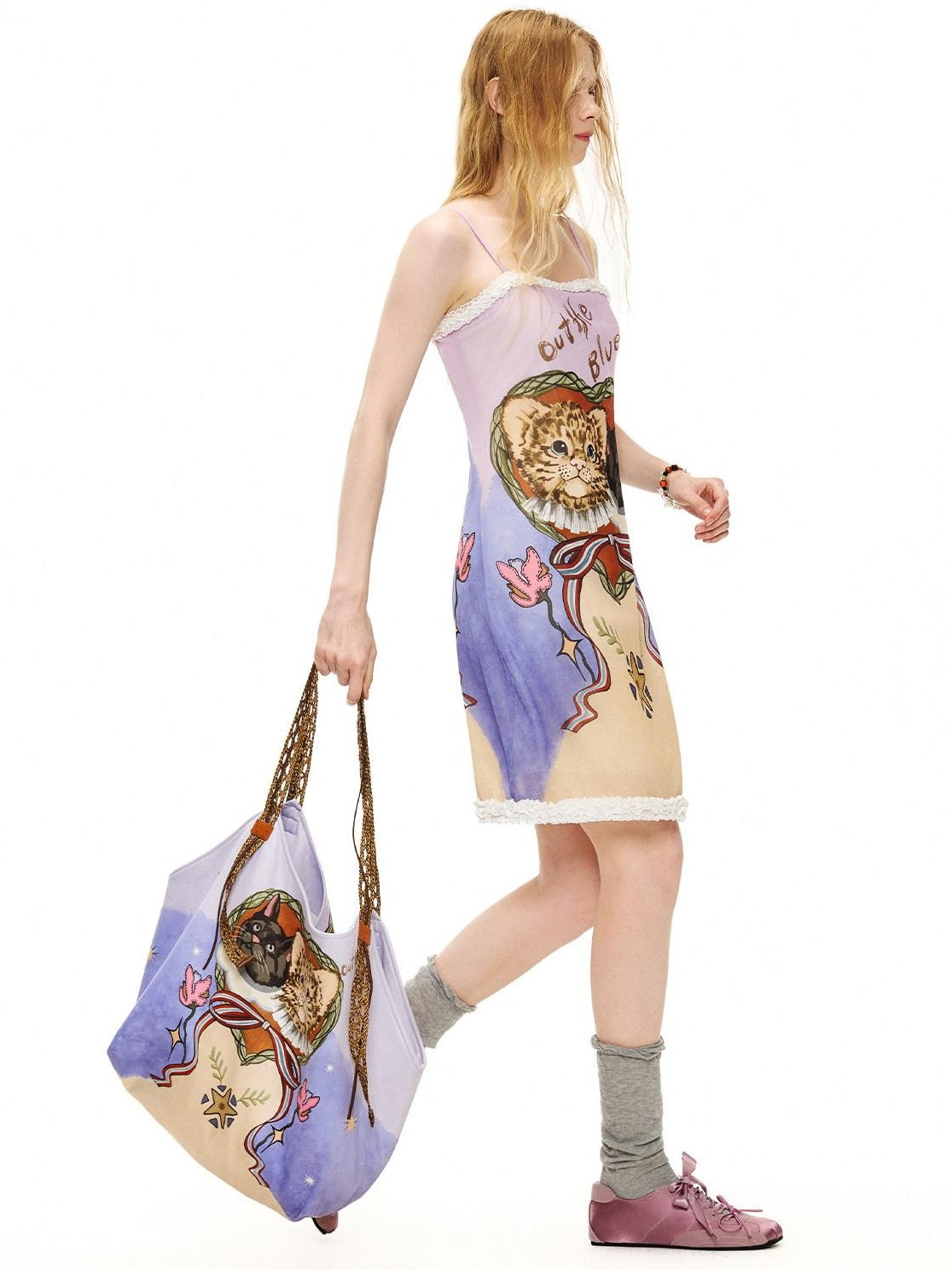 Outthe Blue Vintage Printed Slim Camisole Sleeveless Light Purple Women Midi Dresses