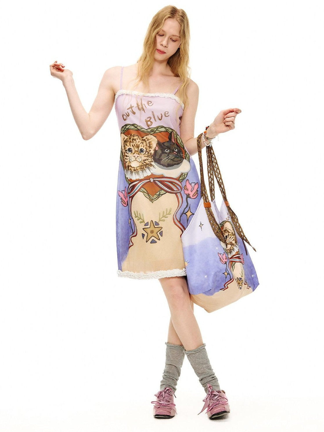 Outthe Blue Vintage Printed Slim Camisole Sleeveless Light Purple Women Midi Dresses