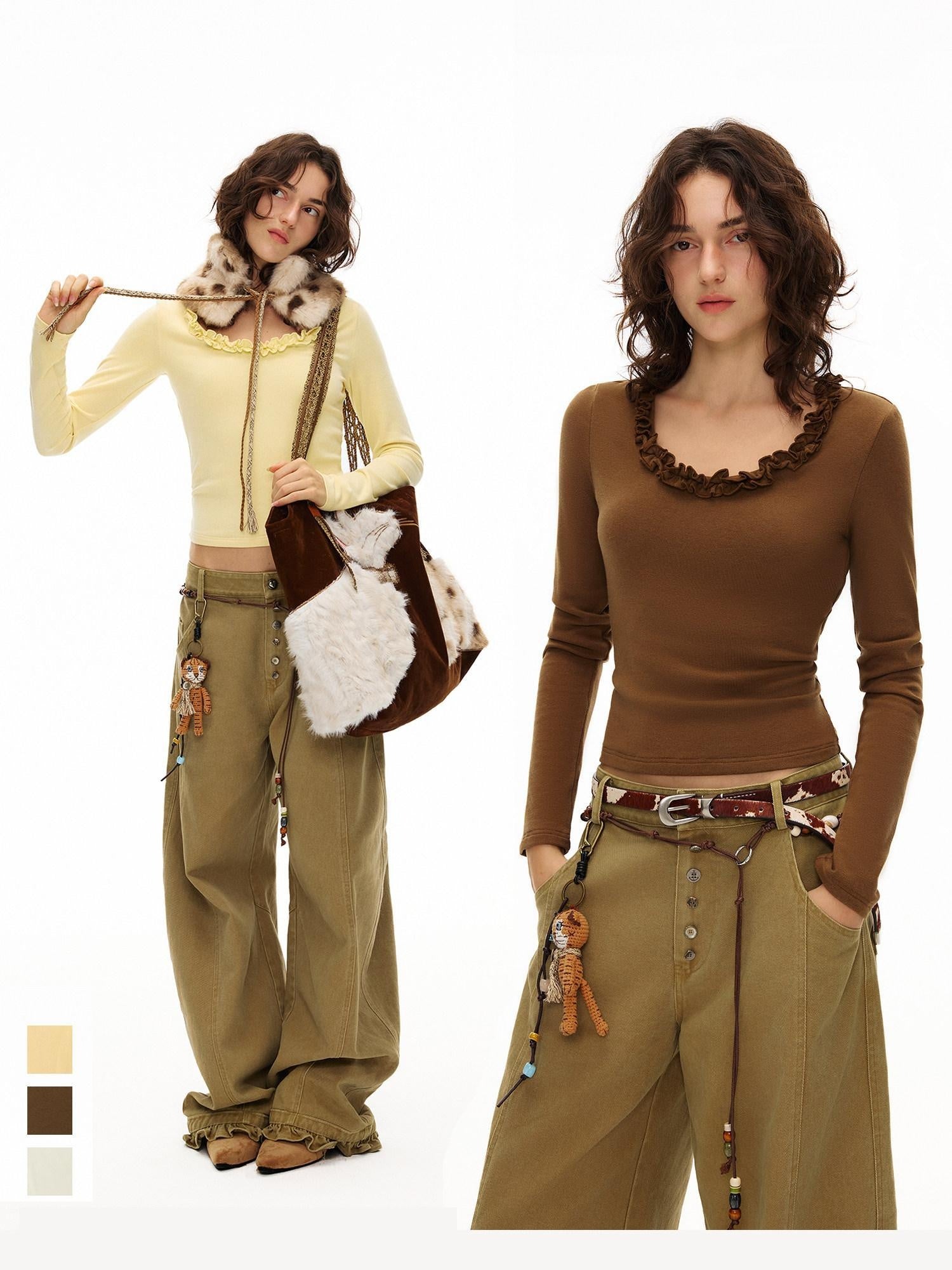 Outthe Blue Viscose Cotton Knit Slim Cropped U Neck Casual Women Travel Long Sleeve T-Shirts