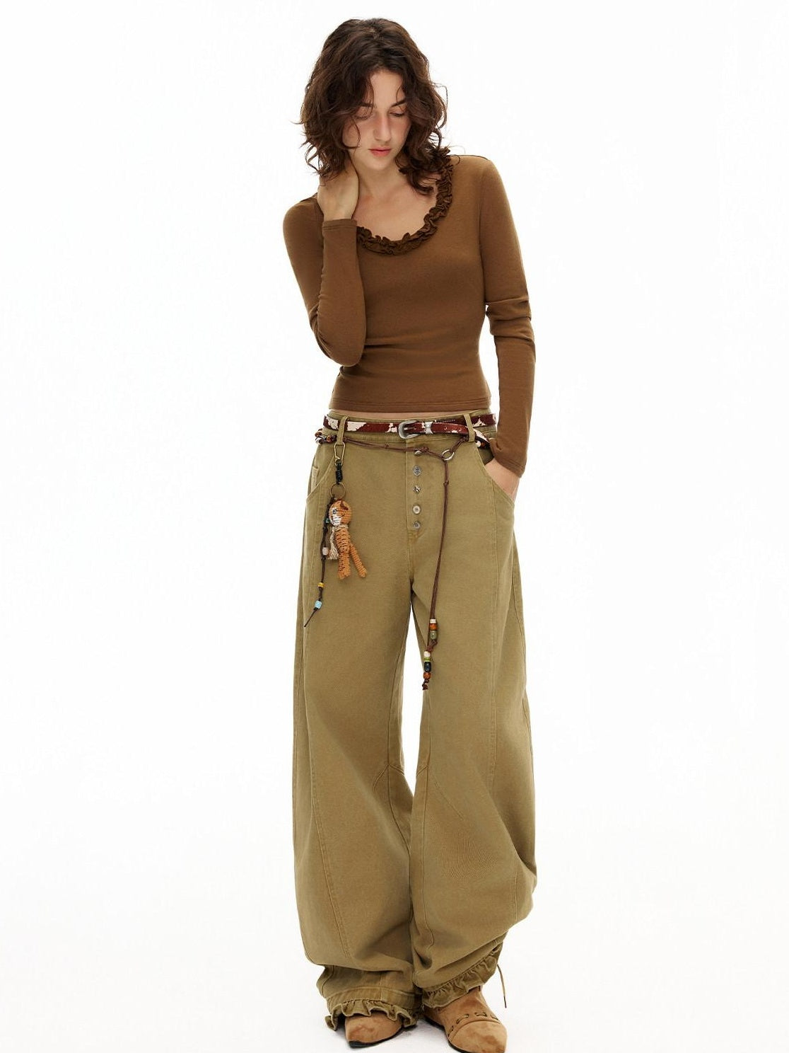 Outthe Blue Viscose Cotton Knit Slim Cropped U Neck Casual Women Travel Long Sleeve T-Shirts