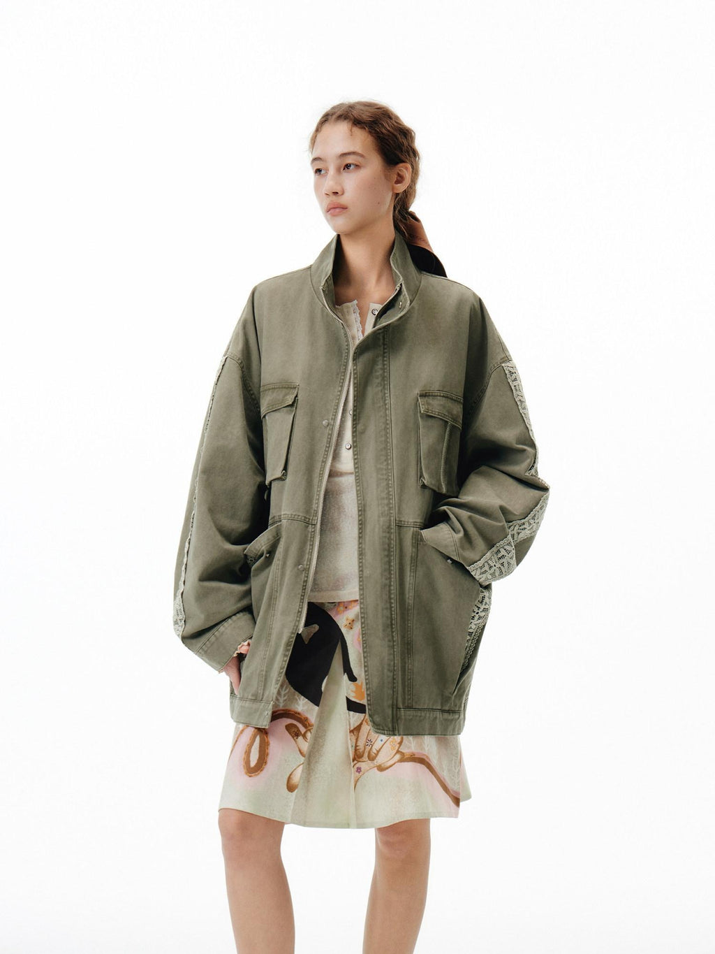 Outthe Blue Warm 100 Percent Cotton Loose Fit Stand Collar Zipper Women Washed Green Jackets