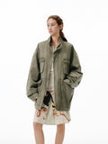 Outthe Blue Warm 100 Percent Cotton Loose Fit Stand Collar Zipper Women Washed Green Jackets