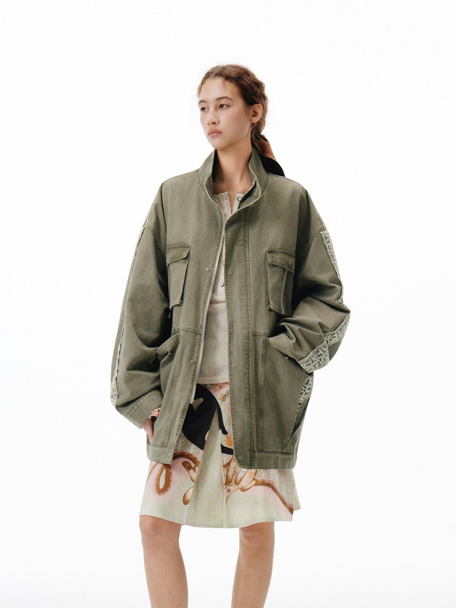 Outthe Blue Warm 100 Percent Cotton Loose Fit Stand Collar Zipper Women Washed Green Jackets