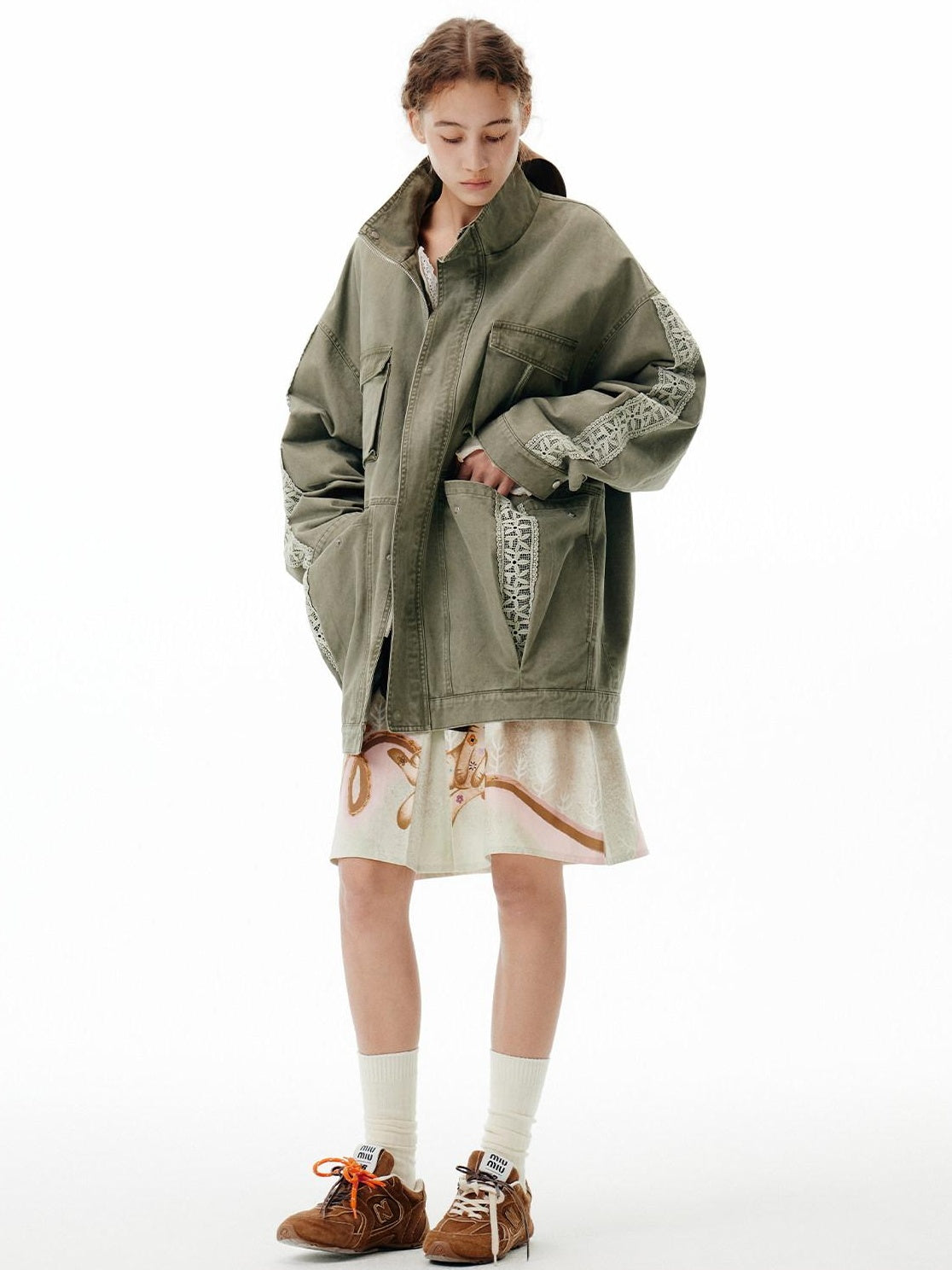 Outthe Blue Warm 100 Percent Cotton Loose Fit Stand Collar Zipper Women Washed Green Jackets