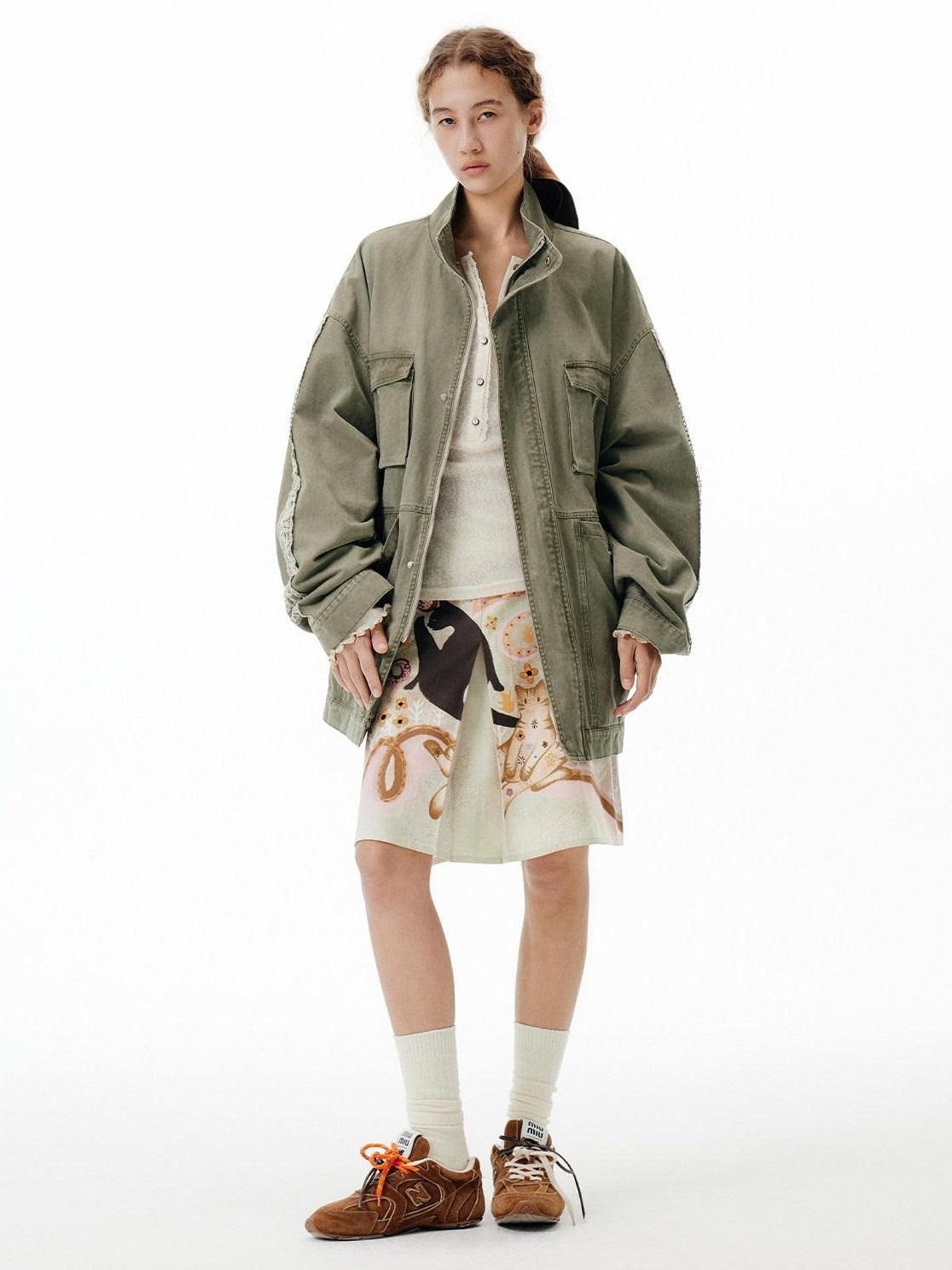 Outthe Blue Warm 100 Percent Cotton Loose Fit Stand Collar Zipper Women Washed Green Jackets