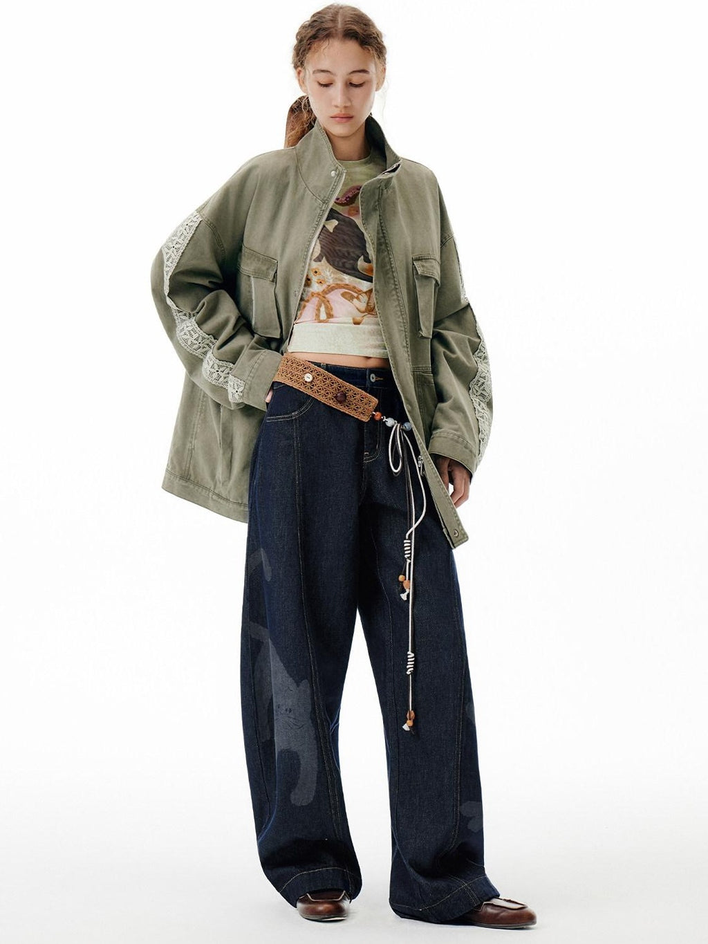 Outthe Blue Warm 100 Percent Cotton Loose Fit Stand Collar Zipper Women Washed Green Jackets