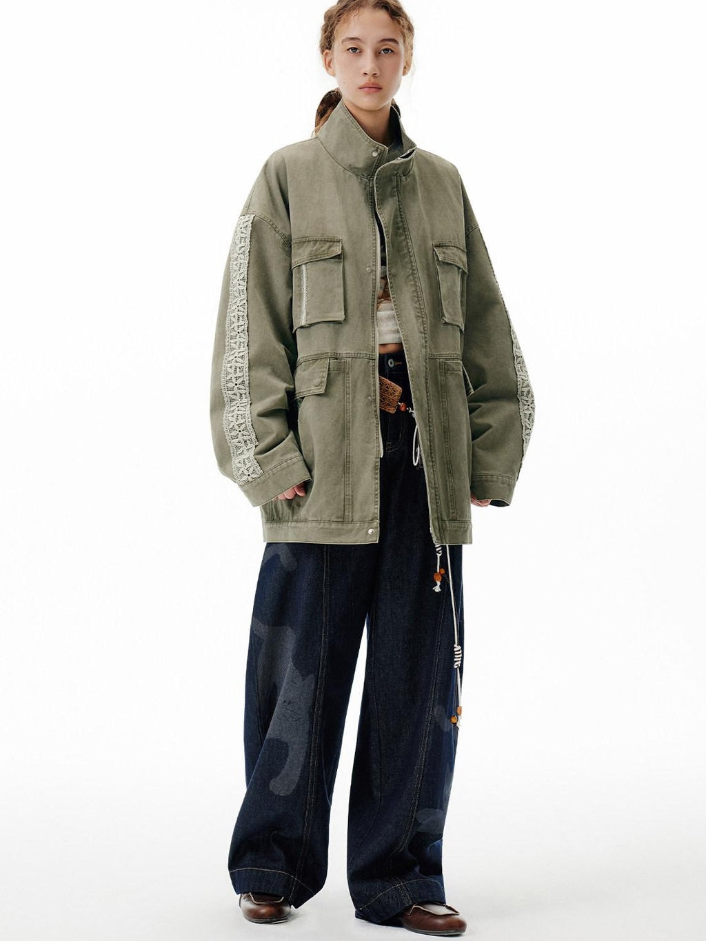 Outthe Blue Warm 100 Percent Cotton Loose Fit Stand Collar Zipper Women Washed Green Jackets